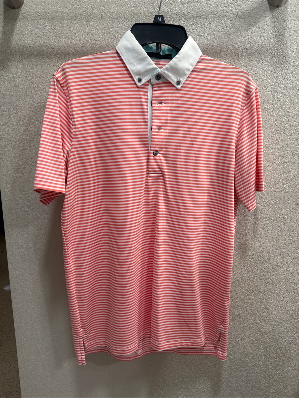 Greyson Pink and White Striped Polo with Contrast Collar